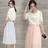 2016新款夏季韩版小清新五分袖上衣+过膝长裙套装