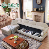 林氏木业美式乡村布艺沙发小户型储物布沙发L型组合客厅家具1002
