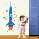 可移除墙贴纸贴画 卡通儿童房宇宙宇航员蓝色火箭飞机身高贴
