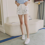 夏季新款韩版女涂鸦印花毛边牛仔短裤直筒显瘦高腰短裤热裤+P31