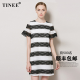 Tinee原创女装2016夏装喇叭袖黑白条纹连衣裙 夏季淑女蕾丝裙潮款