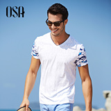 OSA欧莎男装2016新款夏季柔滑提花拼接时尚印花短袖T恤男士B11032