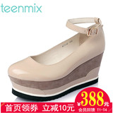 Teenmix/天美意2016春季女鞋牛皮坡跟休闲浅口女单鞋6J102AQ6