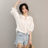 2016年韩版宽松新款泡泡袖系带甜美长袖白衬衫女娃娃衫上衣潮
