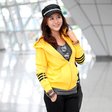 韩国代购2016加绒加厚带帽女装印花卫衣学生运动开衫秋冬外套黄色