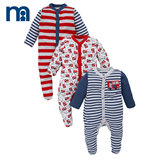 mothercare英国3件装婴儿长袖连体衣宝宝睡衣新生衣服厚实爬爬服
