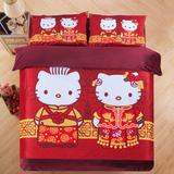 凯蒂猫大红纯棉婚庆床罩四件套床上用品珊瑚绒被套床单床笠1.8米
