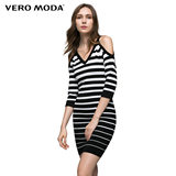 Vero Moda2016秋季新品条纹V领露肩七分袖针织连衣裙|316346501