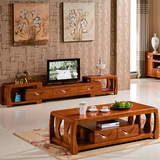 中式实木茶几电视柜组合现代简约客厅小户型橡木茶桌地柜F13