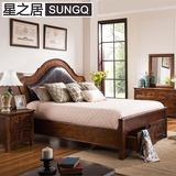 美式乡村全实木床复古真皮双人床1.8米欧式新古典床高靠背软包床
