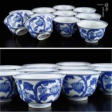 日本陶瓷手绘青花平安南云在铭大茶碗湯呑茶杯11客 品茗套杯茶玩