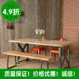 美式乡村复古做旧家具实木餐桌餐椅组合 欧式铁艺办公桌长桌长凳