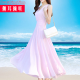 2016年夏季新款无袖连衣裙雪纺V领纯色气质修身长款大摆沙滩裙女