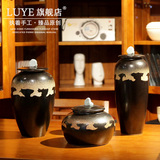 景德镇中式黑色陶瓷花瓶 家装客厅罐子摆件 大号装饰工艺品陶瓷罐