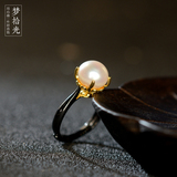 海上的夜明珠 泰国手工 925纯银 天然珍珠 古董质感 黑开口戒指