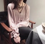 韩国代购 很有女人味的上衣褶皱喇叭袖裸粉色开胸衬衫 实拍自留款