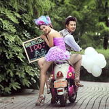 影楼主题服装情侣写真摄影紫色蓬蓬裙 婚纱礼服林中单车男女套装