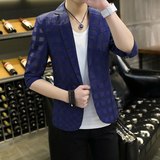 2016春夏新款 韩版七分袖中袖西装外套 男修身小西服格子休闲潮流