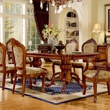 欧式伸缩餐桌餐椅组合10-12人美式实木雕花折叠餐台2.4米长饭桌子