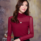 2015韩版女士T恤黑色打底衫女春秋长袖高领网纱上衣加绒加厚小衫