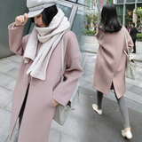 香港IT代购韩国秋冬新品宽松中长款驼粉色羊毛呢子羊绒大衣女外套