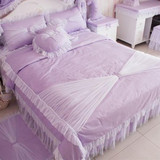 韩式公主梦纯棉粉色蕾丝花边床裙式四件套紫色床上用品套件包邮