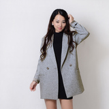 格子西装外套女秋季新款2015长袖中长款显瘦韩版气质双排扣风衣