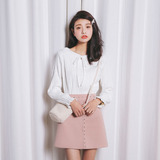 范智乔同款 2016春季新款系带娃娃领韩版宫廷式长袖鹿皮绒衬衫