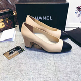 香港代购Chanel香奈儿女鞋中跟粗跟拼色牛皮真皮时尚套脚休闲单鞋