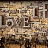 3D立体仿真石头字母大型壁画 咖啡店酒吧美发店餐厅壁纸环保墙纸