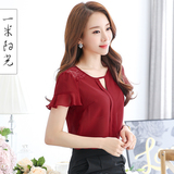 红色雪纺衫女短袖 2016夏季新款荷叶袖上衣 韩版短款蕾丝打底小衫