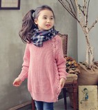韩国童装2015年秋冬韩版立体手工编织中长款女童套头儿童修身毛衣