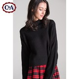 C＆A女式半高领宽松针织衫 纯色落肩毛衣CAECD115021