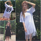 夏季新款 韩版女装后背字母印花中长款流苏圆领短袖学生T连衣裙潮