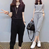 2016新款夏季女装休闲阔腿裤时尚套装女学生韩版夏装短袖两件套潮