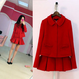 秋冬新款韩版女修身短款呢子外套 两件套红色小香风羊毛呢套装裙
