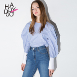 Haoduoyi2016夏装新款 海军风蓝白条纹气球袖衬衣 甜美修身女衬衫