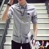 男士短袖衬衫夏季青少年修身亚麻七分袖衬衣韩版纯色学生休闲寸衫