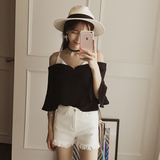 2016夏季新款女装韩版时尚一字肩露肩吊带衬衫显瘦喇叭袖雪纺上衣