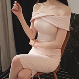 一字肩短款韩版礼服裙宴会晚装车展模特演出服性感紧身显瘦连衣裙