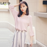 LRUD2016夏季新款韩版V领宽松雪纺衬衫女百搭纯色九分袖套头衬衣