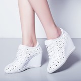 新款白色洞洞鞋镂空系带内增高女鞋高跟鞋真皮坡跟单鞋粉色罗马鞋