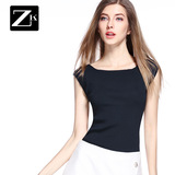 ZK无袖一字领弹力紧身针织T恤纯色百搭体恤上衣2016夏装新款女装