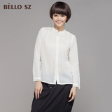 bello sz2015秋装新款气质百搭时尚白色纯棉小立领长袖女士衬衫