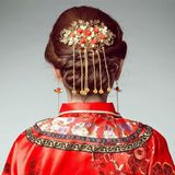 中式新娘金色凤冠头饰 古装秀和服发饰龙凤褂额饰汉服后发梳包邮