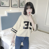 2016春季新款韩版时尚修身套头短款针织衫女七分袖字母女装