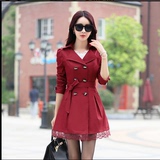 2016新款韩国女式大码装春秋酒红蕾丝中长款韩版外套修身气质风衣