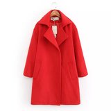 2015冬季新品韩版宽松女装 大红色廓形显瘦毛呢大衣外套呢子大衣