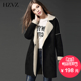 HZVZ2016春新款中长款纯色毛呢外套女大衣棉衣棉服麂皮鹿皮绒风衣