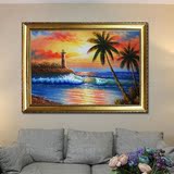 海景沙滩油画日出风景海边椰子树海浪欧式客厅纯手绘装饰画挂画
